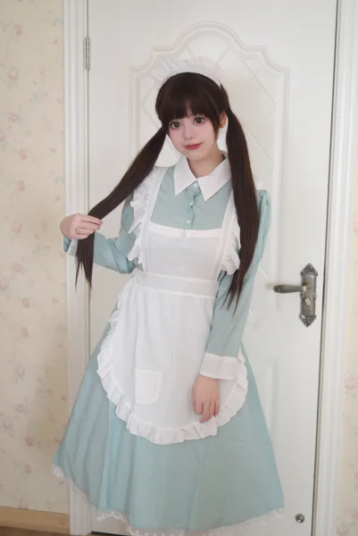 "Classic British" Mint Green Long Maid Dress Sweet Lolita Vintage Cosplay Costume Full Set with Ruffled Apron & Headpiece
