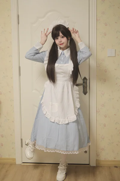 "Classic British" Light Blue Long Maid Dress Sweet Lolita Vintage Cosplay Costume Full Set with Ruffled Apron & Headpiece