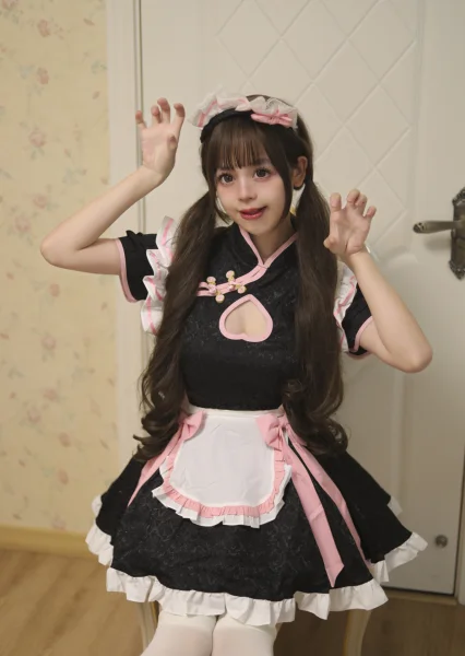 "Midnight Blossom" Cheongsam Collar Maid Dress Heart Cutout Kawaii Anime Cosplay Costume