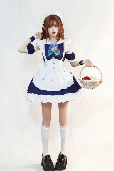 Navy Blue Oceanic Maid Costume Anime Lolita Dress Heart Cutout Cosplay Outfits Halloween Party Uniform Sets