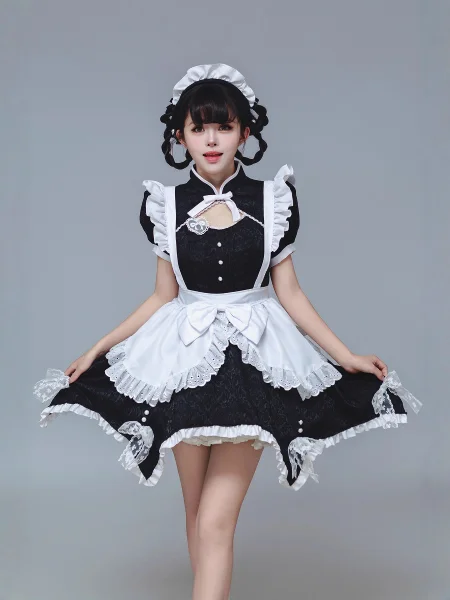 "Gothic Peony" Irregular Hem Cheongsam Maid Dress Kawaii Anime Cosplay Costume