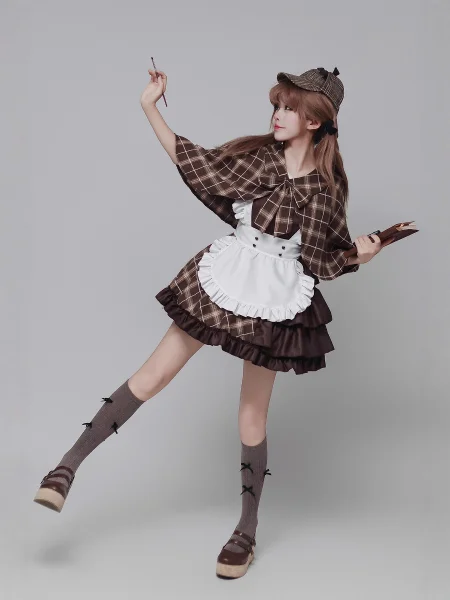 "Autumn Plaid" British Cape Maid Dress Lolita Tiered Cosplay Costume