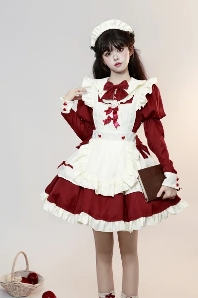 Classic Burgundy and White Maid Dress Cosplay Costume with Ruffled Apron and Detachable Bows Full Set
