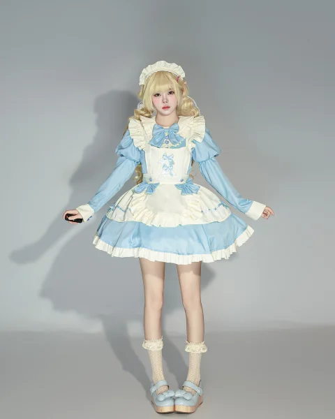 Classic Sky Blue and White Maid Dress Cosplay Costume with Ruffled Apron and Detachable Bows Full Set