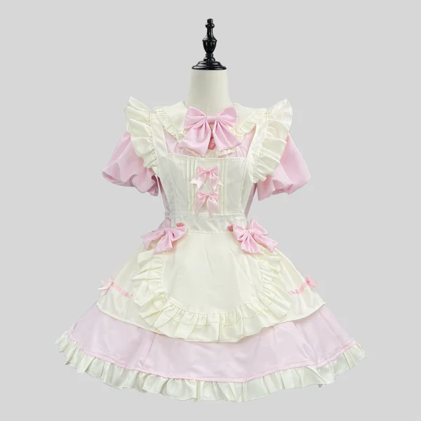 Classic Sakura Pink and White Maid Dress Cosplay Costume with Ruffled Apron and Detachable Bows Full Set