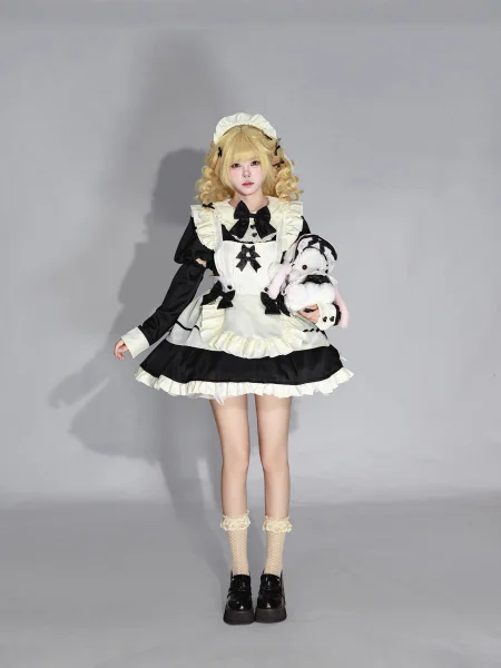 Classic Black and White Maid Dress Cosplay Costume with Ruffled Apron and Detachable Bows Full Set