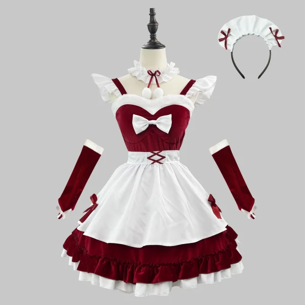 "Christmas Velvet" Wine Red Fur Trim Maid Dress Kawaii Holiday Cosplay Costume Full Set