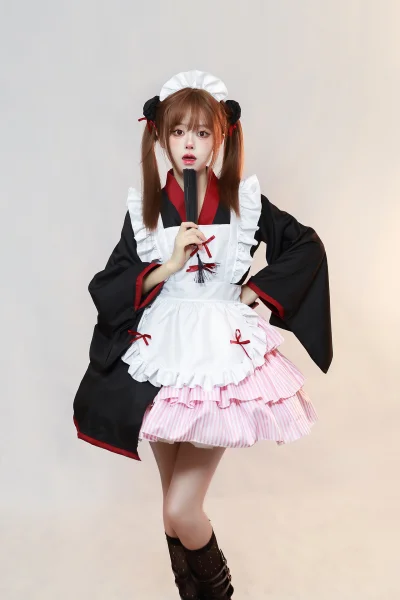 "Japanese Retro" Kimono Maid Cosplay Costume Sakura Pink Striped Skirt Sweet Lolita Cafe Uniform Set