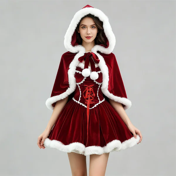 "Christmas Velvet" Wine Red Fur Trim Strapless Dress Sweet Lolita Holiday Cosplay Costume Full Set with Headpiece Choker & Sleeves