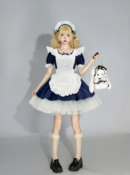 "Midnight Reverie" Navy Blue Lolita Maid Dress Cosplay Costume Full Set with Ruffled Apron and Embroidered Lace Headpiece