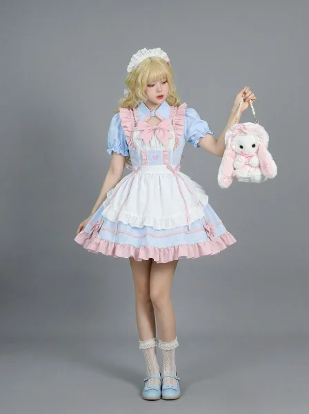 "Dreamy Macaron" Pastel Sky Blue Pink Maid Dress Kawaii Anime Cosplay Costume Full Set