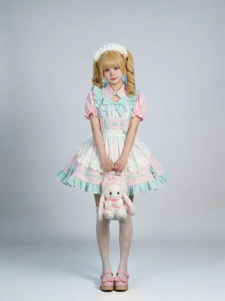 "Sweet Heart" Pastel Mint Pink Maid Dress Kawaii Anime Cosplay Costume Full Set
