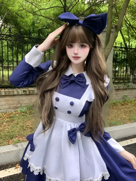 Classic French Maid Lolita Dress Cosplay Costume Sweet Navy Blue Uniform Full Set