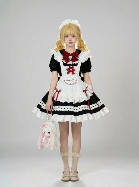 "La Petite Chatte" - Classic Lolita Cat Maid Full Ensemble (Includes Lace Dress, Ruffled Apron, Bell Bow, Headpiece & Statement Back Tail)