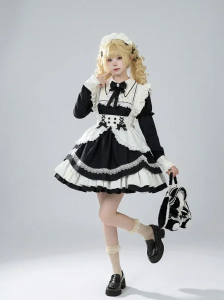 "Monochrome Sonata" Vintage Gothic Lolita Maid Dress Victorian Cosplay Costume Uniform