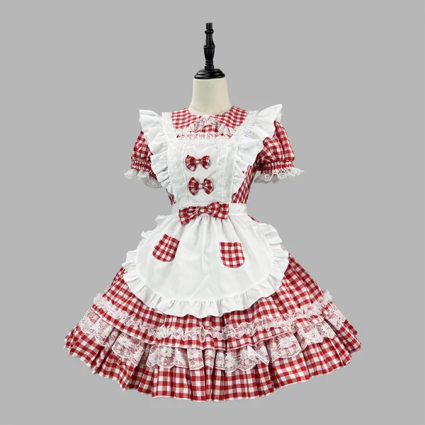 "Sweet Gingham" Red Plaid Maid Dress Lolita Tiered Cosplay Costume