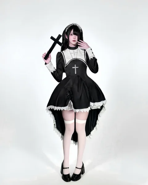 Gothic Nun Lolita Dress Cosplay Costume Halloween Cross High-Low Maid Gown Outfit Full Set