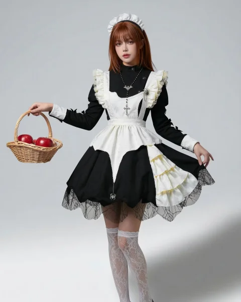 Gothic Maid Lolita Dress Cosplay Costume Halloween Spider Web Apron Outfit Full Set